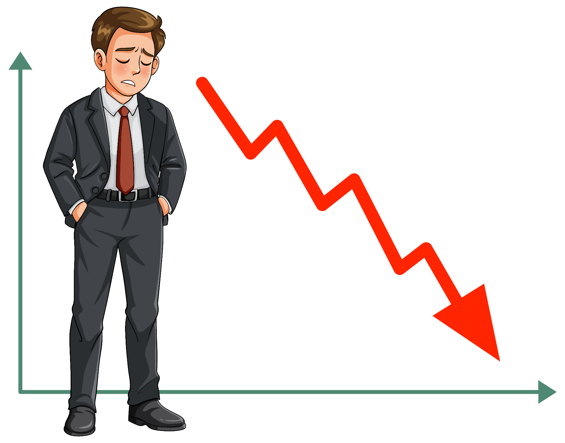 Frustrated salesperson standing beside a declining sales chart, symbolizing outdated techniques that no longer work